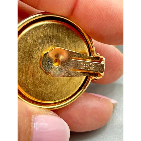 Vintage Signed Napier Clip On Earrings Domed Two Tones Silver Gold Round Buttons - Picture 6 of 7